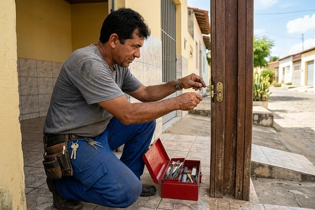 Chaveiro abrindo uma porta com ferramentas adequadas em Mossoró.